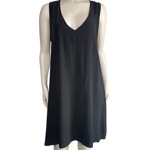 Classic Minimalist Black V-Neck Sleeveless Shift Mini Dress Size L Flowy Noir